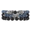 Retro Men's Hip Hop Stainless Steel Skull Bracelet Multilayer Stacked Wear Beaded Weathered Black Agate Bracelet Non-Fading
