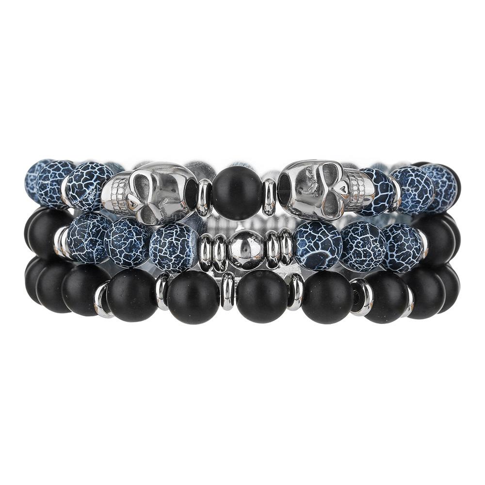 Retro Men's Hip Hop Stainless Steel Skull Bracelet Multilayer Stacked Wear Beaded Weathered Black Agate Bracelet Non-Fading