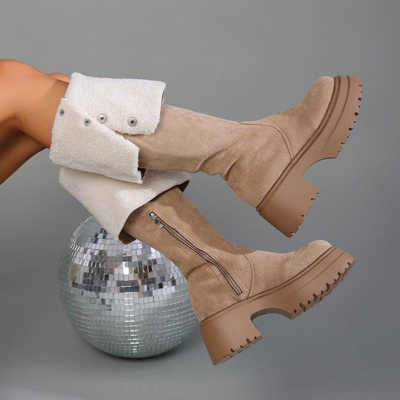 New 2025 Autumn Winter Women's Long Boots Limerade Thick Bottom High Heel Waterproof Canvas Vintage Style Brown Long Tube Boots