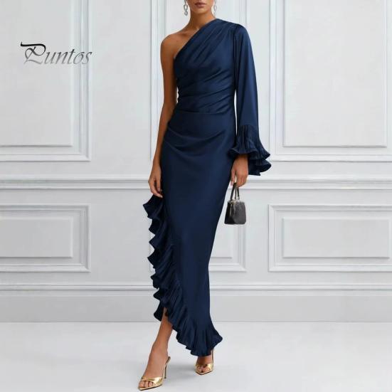Soft Fabric Dress Women's One Shoulder Asymmetric Ruffle Satin Dress, Formal Everyday Wear Evening Party Gown, Long Sleeve Ruched Bridesmaid