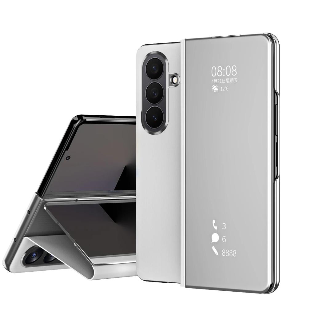 Smart Flip Case for Samsung Galaxy Z Fold 7 8 Fold7  Mirror Plating Plastic PU Leather Kickstand View Shockproof Phone Cover