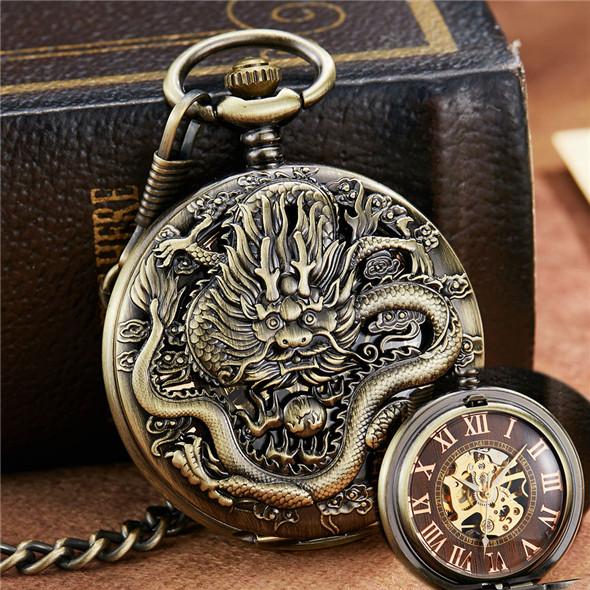 Luxury Golden Dragon Mechanical Fob Clock Phoenix Hollow Sculpture Mechanical Skeleton Pocket Watches Men Chain Wedding Gifts