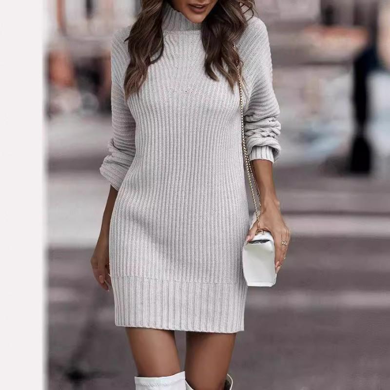 Damen Hochhals Langarm Einfarbig Strick Pulloverkleid Große Größen Bis 5XL Acryl Büro Chic Herbst Winter