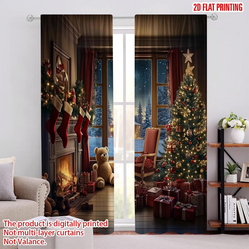 

Set Of 2 Flat Printing Merry Christmas Popular Window Curtains Santa Sleigh Fireplace Polyester Without Electricity Party Made W100*H70(CM)-Grommet top&1PCS