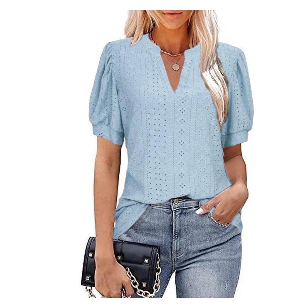 Women's V-neck Tops Short Sleeve T-shirts With Cut Out Lace Detail