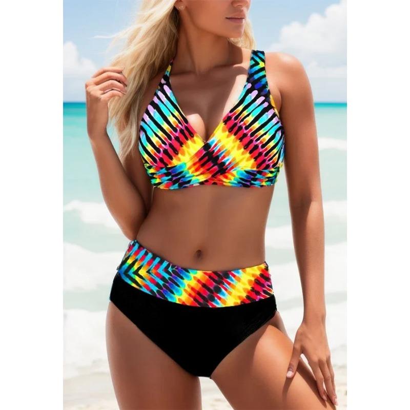 Модные красочные полосатые принтованные пляжные летние женские купальники с высокой талией сексуальные купальники женские двухсекционные купальники S-5XL 3XL