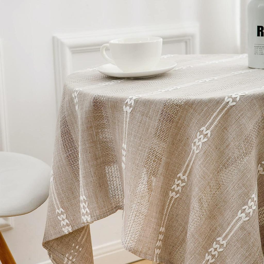 Country Tablecloth Oval Stripe Embroidery Flower Linen Heavy Duty Cover Kitchen Table Fabric