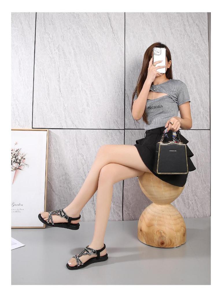 IELTS Run Plus Size Rhinestone Bohemian Sandals - Women's Summer Flat Hollow-Out Shoes