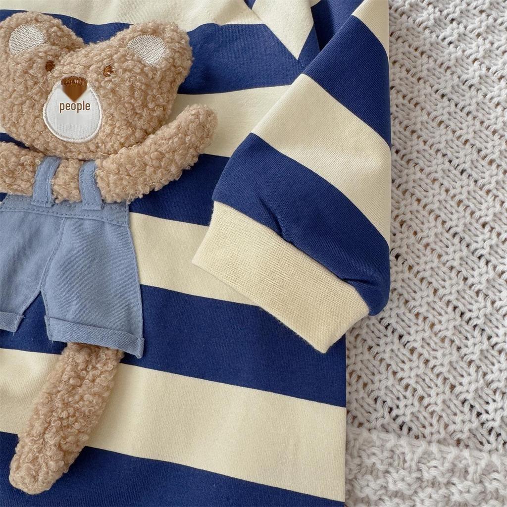 Levinjia Baby Strampler mit Streifen und kleinem Bären - Langarm-Body für Jungen und Mädchen für Frühling/Herbst