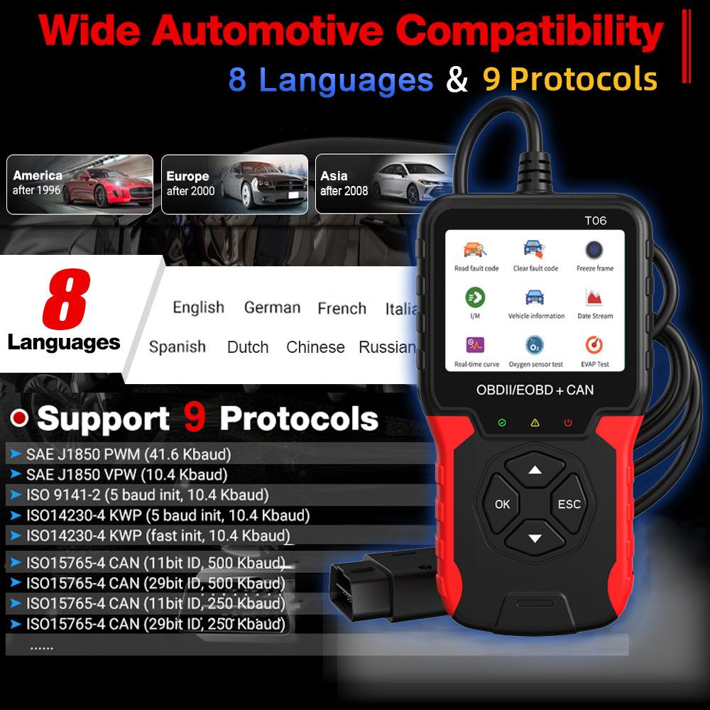 OBD2 Scanner Check Engine System Multi-language Support Battery Tester Code Reader Car Diagnostic Tool T06 Auto Accessories