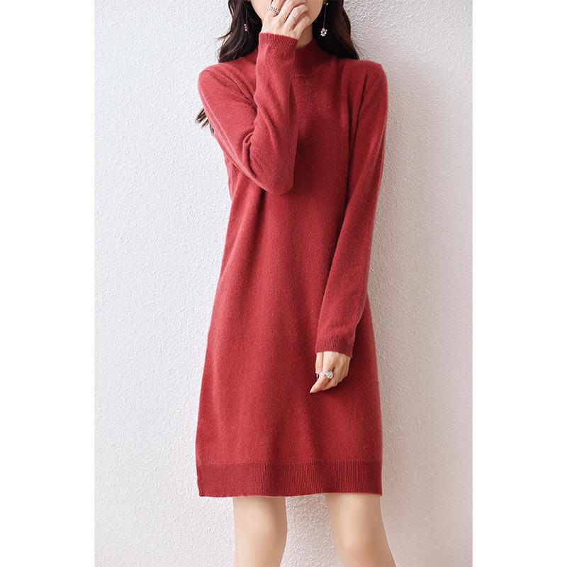 Women's 100% Wool Knit Dress - Autumn/Winter Semi-High Neck Casual Versatile Style
