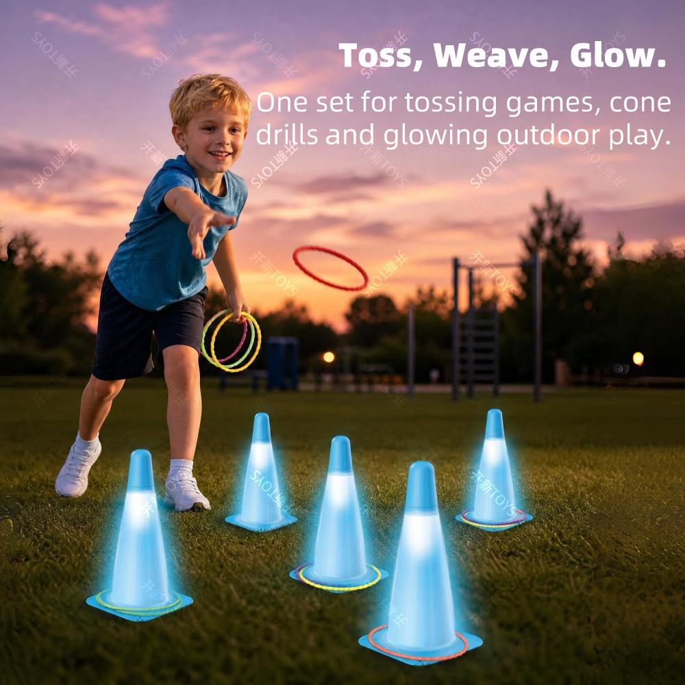 Kids Ring Toss Glowing Cones Set Outdoor Soccer Agility Training Equipment for Toddlers 6-Pack Blue Orange