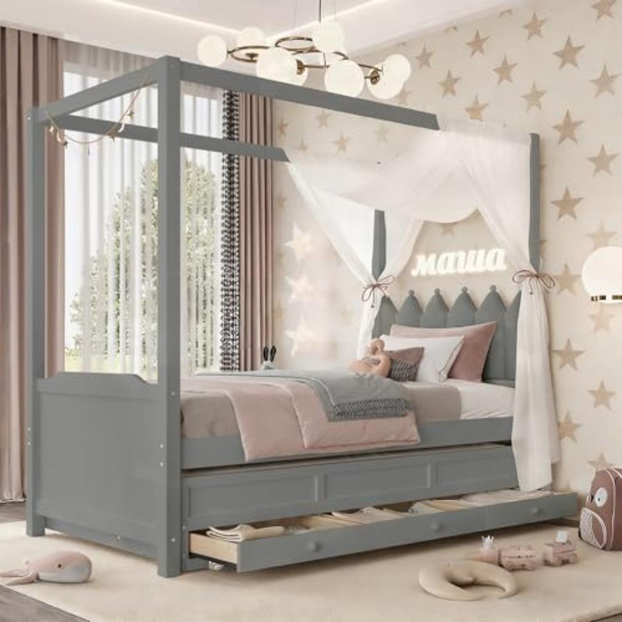 Twin Size Canopy Platform Bed with 3 Drawers and Trundle, Twin Canopy Bed Frame with Upholstered Headboard, Princess Four-Poste