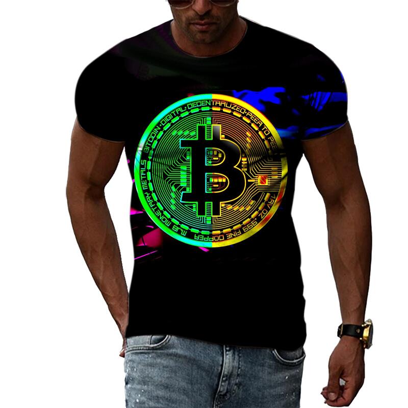 Summer Fashion Abstract Bitcoin 3D Print Tee Hip Hop Harajuku Personality Round Neck Short Sleeve Casual Men's T-shirts