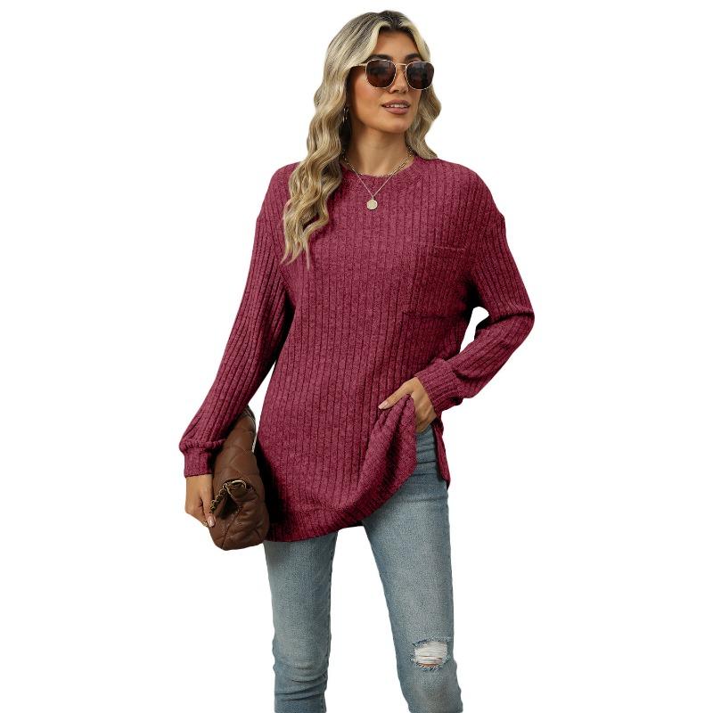 Autumn Winter Round Neck Pocket Hem Slit Loose T-shirt Solid Color Knitwear Pullover Top for Women