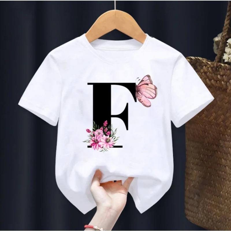 Summer Beautiful Letters Pink Flowers and Butterflies Printed Kids T Shirt Girls Tops Casual Baby Girl T-Shirt  Fashion Short