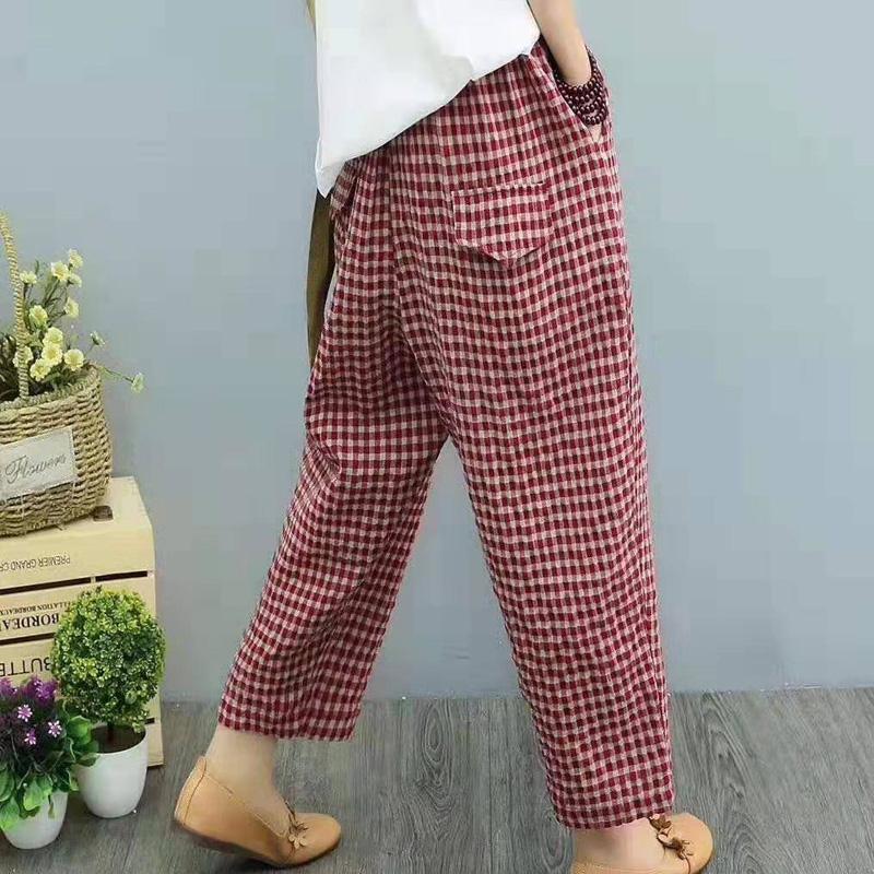 Summer Literary Vintage Plaid Printing Harem Pants Women Elastic Waist Loose Casual All-match Pocket Trousers