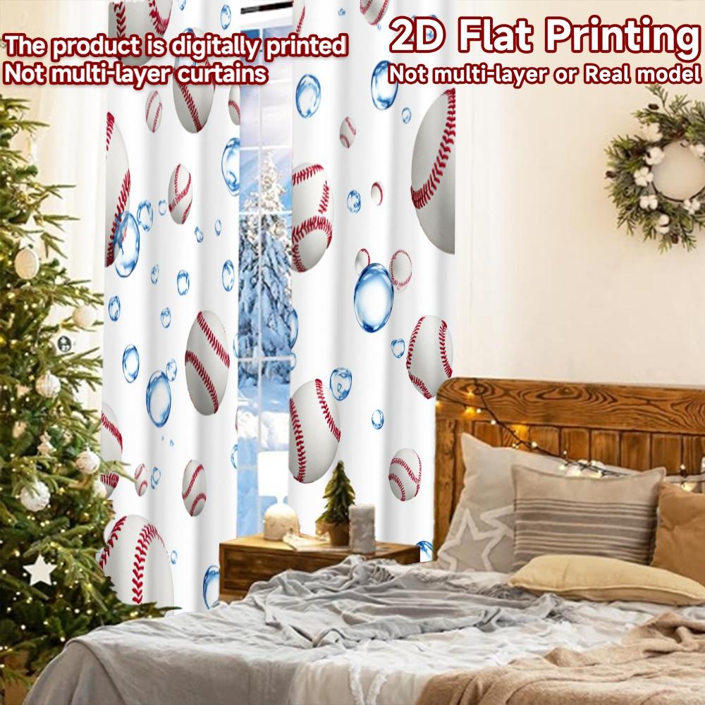 2pcs, 2D FLAT PRINTING Curtains (Without Rod) Baseball Bubbles Holiday curtains Prints Light Filtering Curtains Home Decor