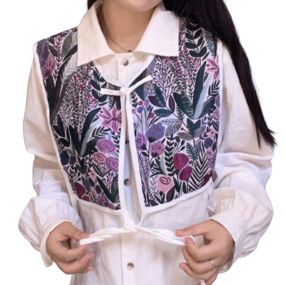 Motif Aléatoire Gilet Brodé pour Femmes Gilet Vintage à Lacets Mode Faux Col Capelet Féminin