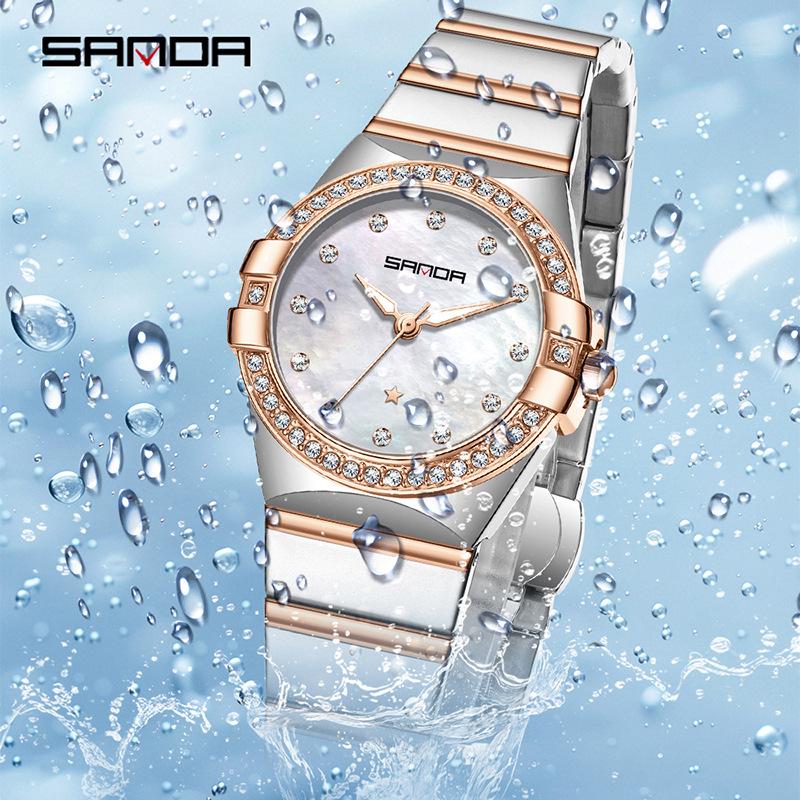 Sanda Women's Luxury Steel Band Quartz Watch with Luminous Diamond Inlay - Elegant & Waterproof