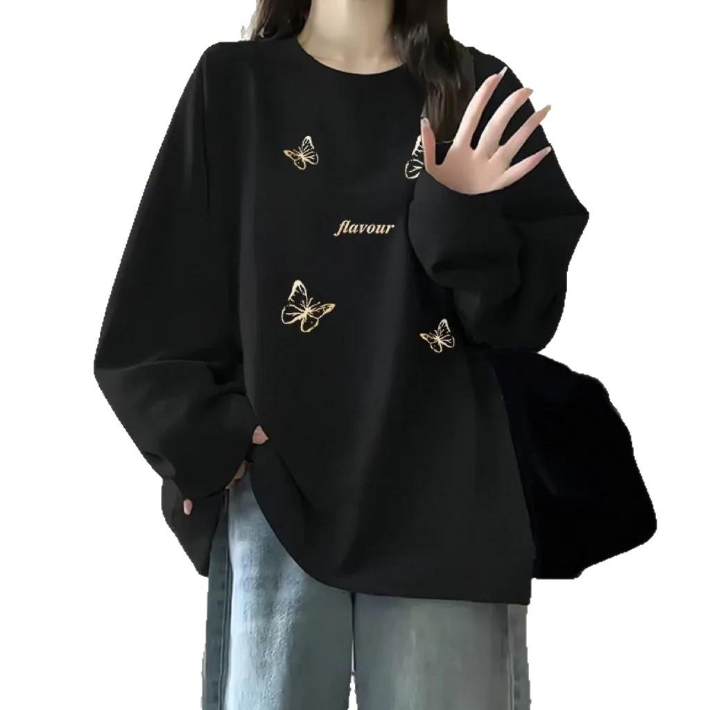 Damen reiner Baumwoll-Langarm-College-Stil Oberteil - Frühling/Herbst Koreanisches Rundhals-Übergrößen-Shirt