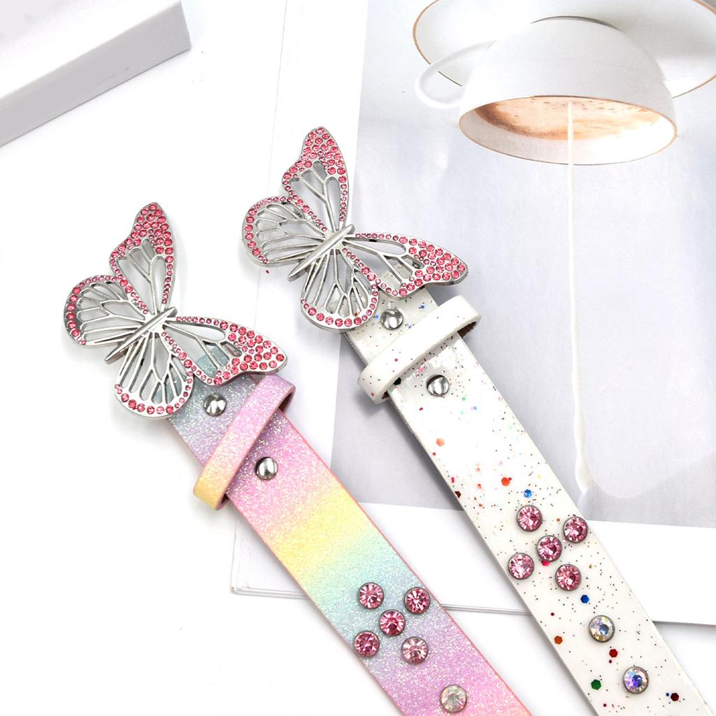 Elegant PU Leather Belt with Sparkling Rhinestones Butterfly Metal Fastener for Women Casual Wear Jeans Pants Waistband