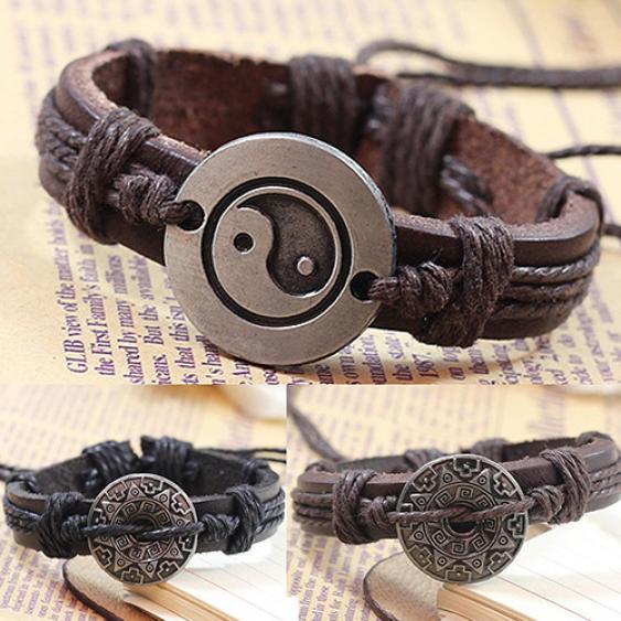 Men Women Alloy Tai Ying Yang Pattern Faux Leather Braid String Bracelet Chain