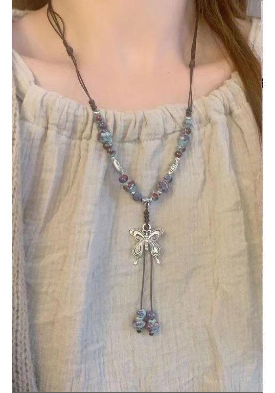 New Bohemian Flowering Pearl Necklace Women's New Chinese Style Leather Rope Ethnic Style Beaded Necklace