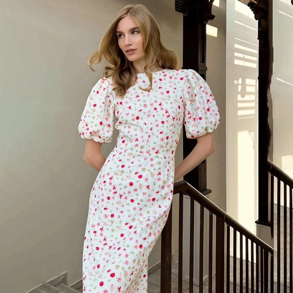 LYRIA Printed Floral Long Dress for Women Slim High Waist Puff Short Sleeve Dress Fashion Commuting Dress Fmale