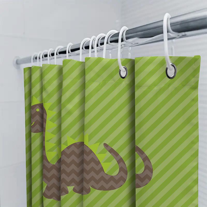 Kids Dinosaur Shower Curtain Green Brown Striped Pattern Waterproof Fabric Perfect For Bathroom Decor