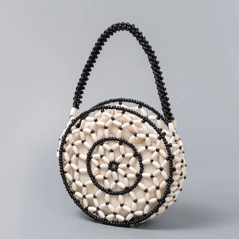 

Women Woven Hand Bag Summer Hollow-out Wooden Bead Tote Round Shape Shoulder Bag Female Reticulate Netted Canvas Beach Handbags
