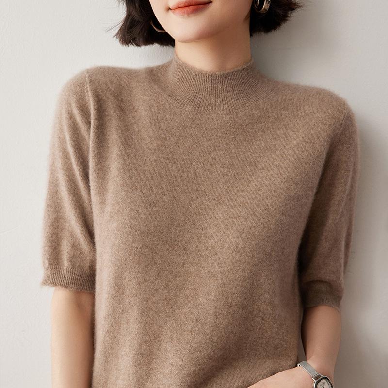 2024 Women's Cashmere Knit Sweater: Short-Sleeve, Half-High Neck, Base Layer