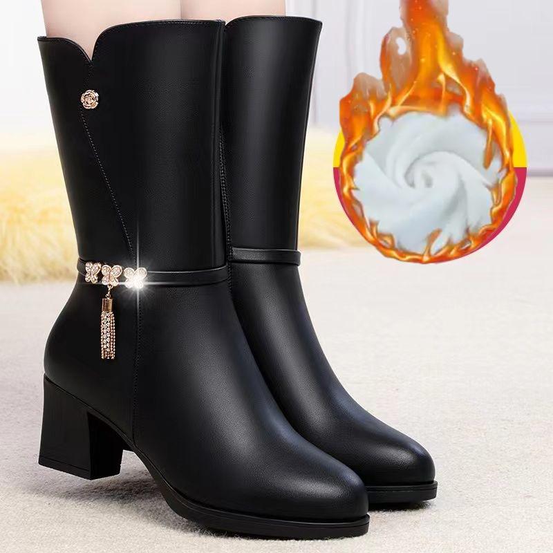 

Полусапоги на среднем каблуке со стразами, теплые кожаные, до середины икры, для женщин, осенне-зимний тренд, элегантные туфли на флисовой подкладке 40 чёрный