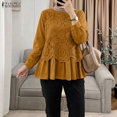 Damen Casual Rundhals Langarm Spitze Patchwork Bluse