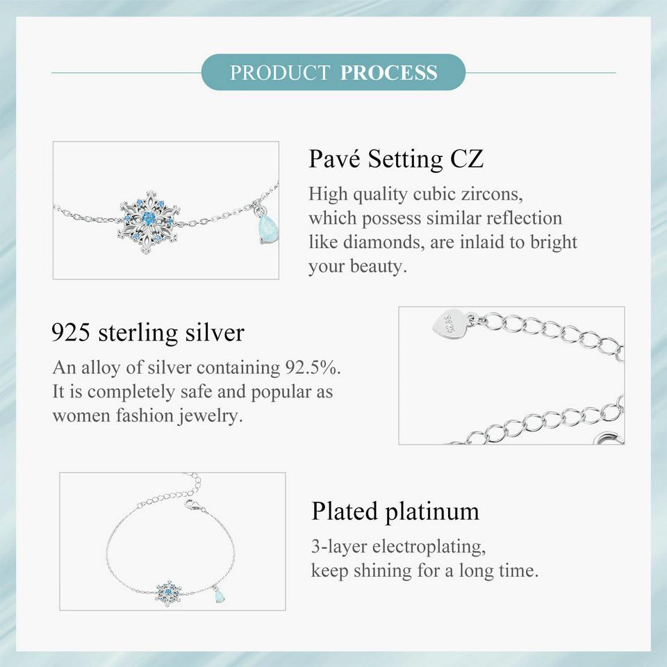 WOSTU Pulseira Floco de Neve Prata de Lei 925 Elo Cadeia Flor de Gelo Banhada a Platina para Mulheres Joias