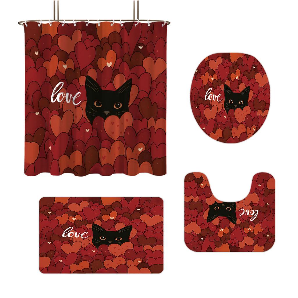 Valentine's Day Romantic Love Printed Bathroom 4-piece Set 180x180 Waterproof Shower Curtain Floor Mat U-shaped Toilet Mat
