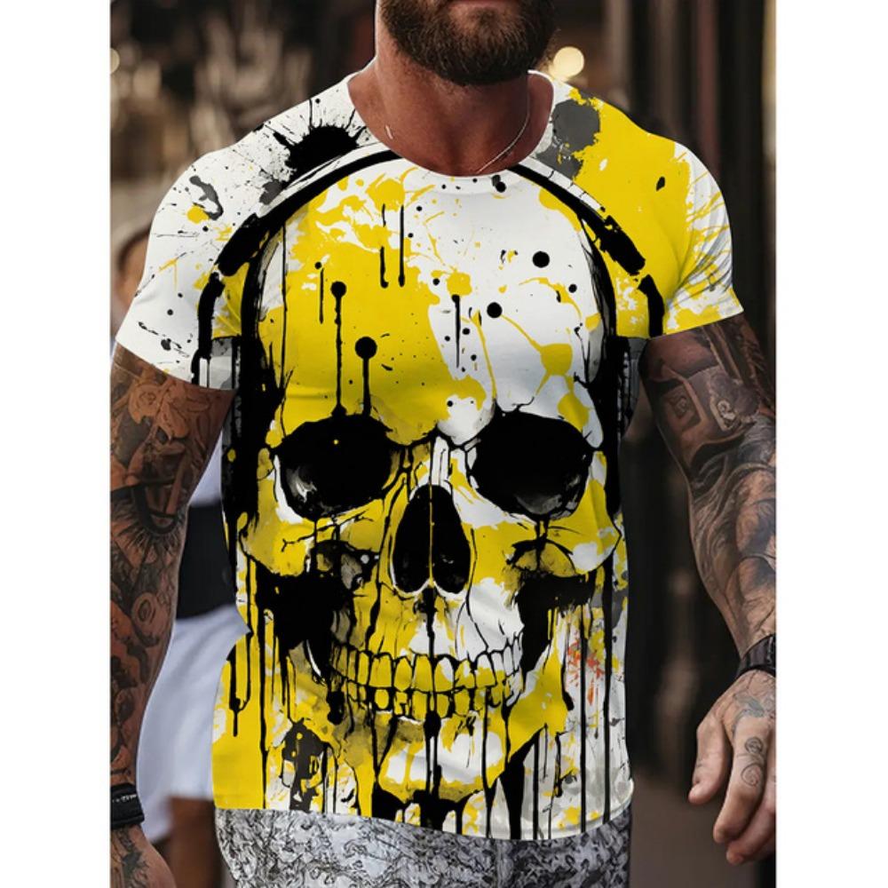 New Men's Fun Skull Pattern T Shirt Suit Mob Skull Print Short Sleeve Summer Casual Loose Round Neck T Shirt Breathable Top