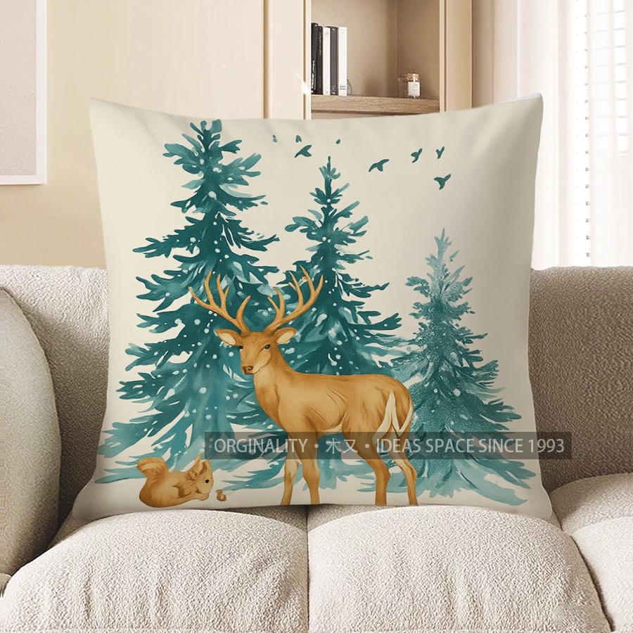 Home Decor Hello Winter Squirrel Pine Tree Pillow Cover Pattern Cushion Cover Suitable For Sofa Bedroom Car Pillow Cover