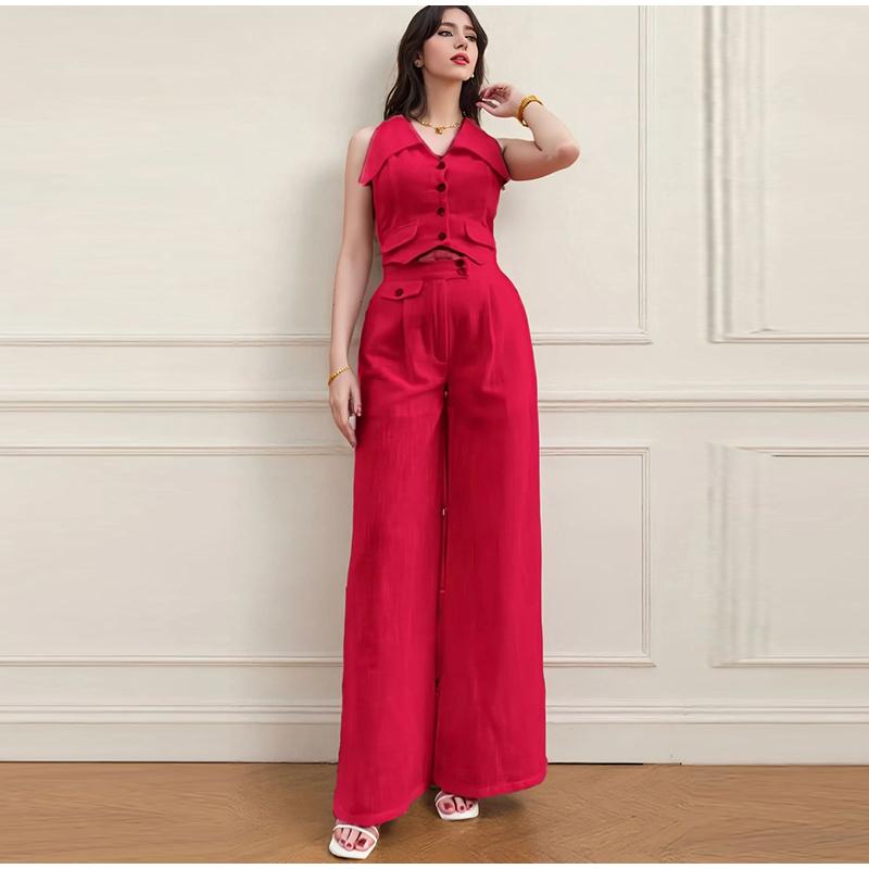 2025 spring and summer new women's solid color blouse sleeveless waist two-piece casual trousers suit