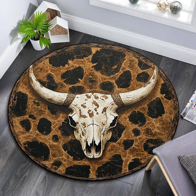 Leopard Print Bull Skull Round Area Rug,Carpet Rug for Living Room Bedroom Sofa Playroom Decor,Non-slip Floor Mat