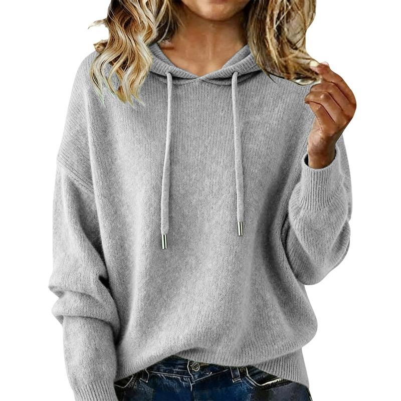 Women S Loose Fit Hooded Knit Pullover Sweater Long Sleeve Solid Color