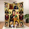 Orthodox Religious Icons Blanket - 9 Traditional Icons of Virgin Mary & Jesus, Gold/Fantasy Tones, Ornate Patterns, Perfect for