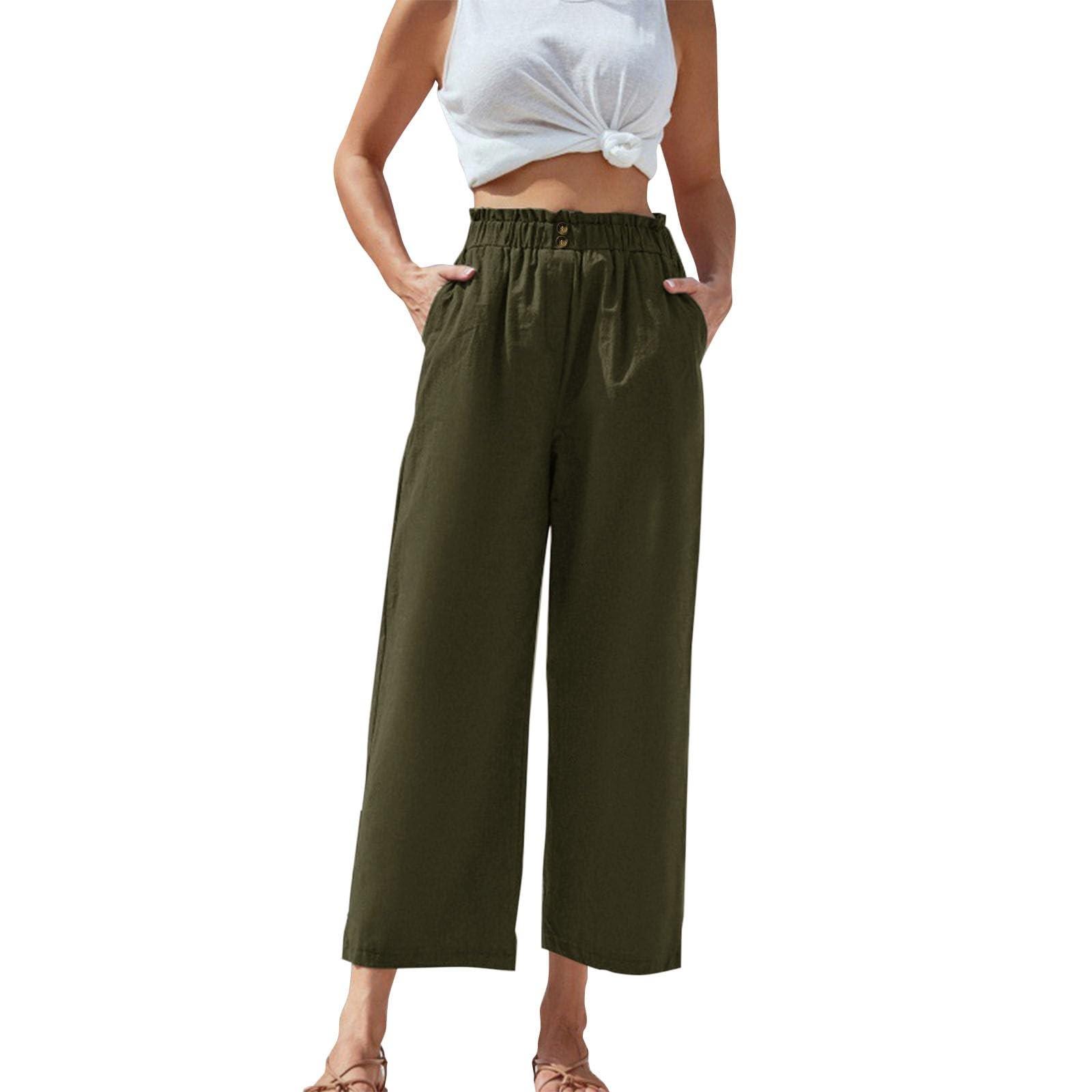 Women s High-waisted Ruffled Elastic Waist Cotton And Linen Cropped Casual Pants M