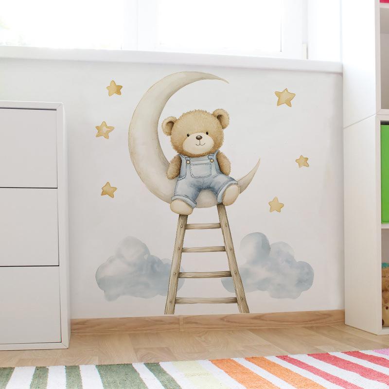Cartoon Bear Cloud Moon Staircase Wall Sticker Self Adhesive Home Decor for Kids Room Wall Decoration