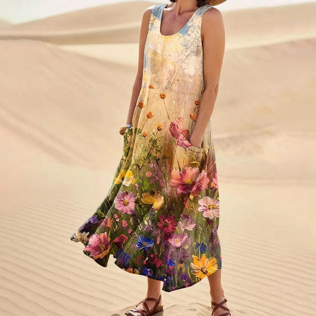 Women's Casual Fashion Flower Printed Sleeveless Pocket Dress