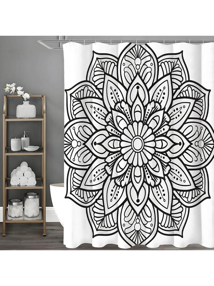 Black and White Mandala Shower Curtain, Bathroom Decorative Shower Curtain, Waterproof Shower Curtain with Hooks W90xH180cm