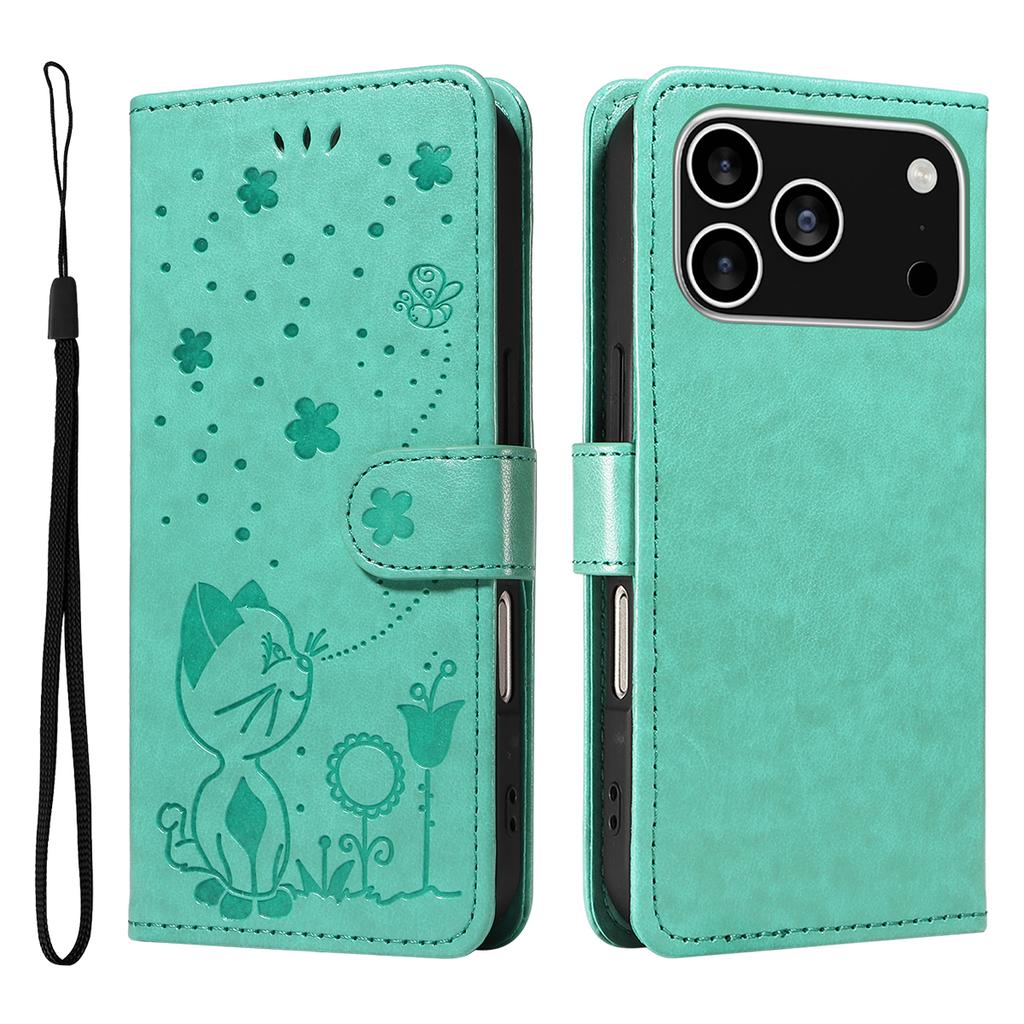 For iPhone 17 Pro Leather Wallet Case Cat Bee Pattern Phone Cover Stand