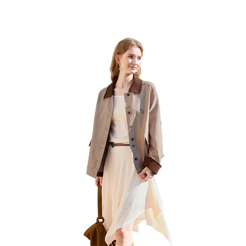 Xiangying Women s Khaki Contrast Lapel Short Trench Coat S