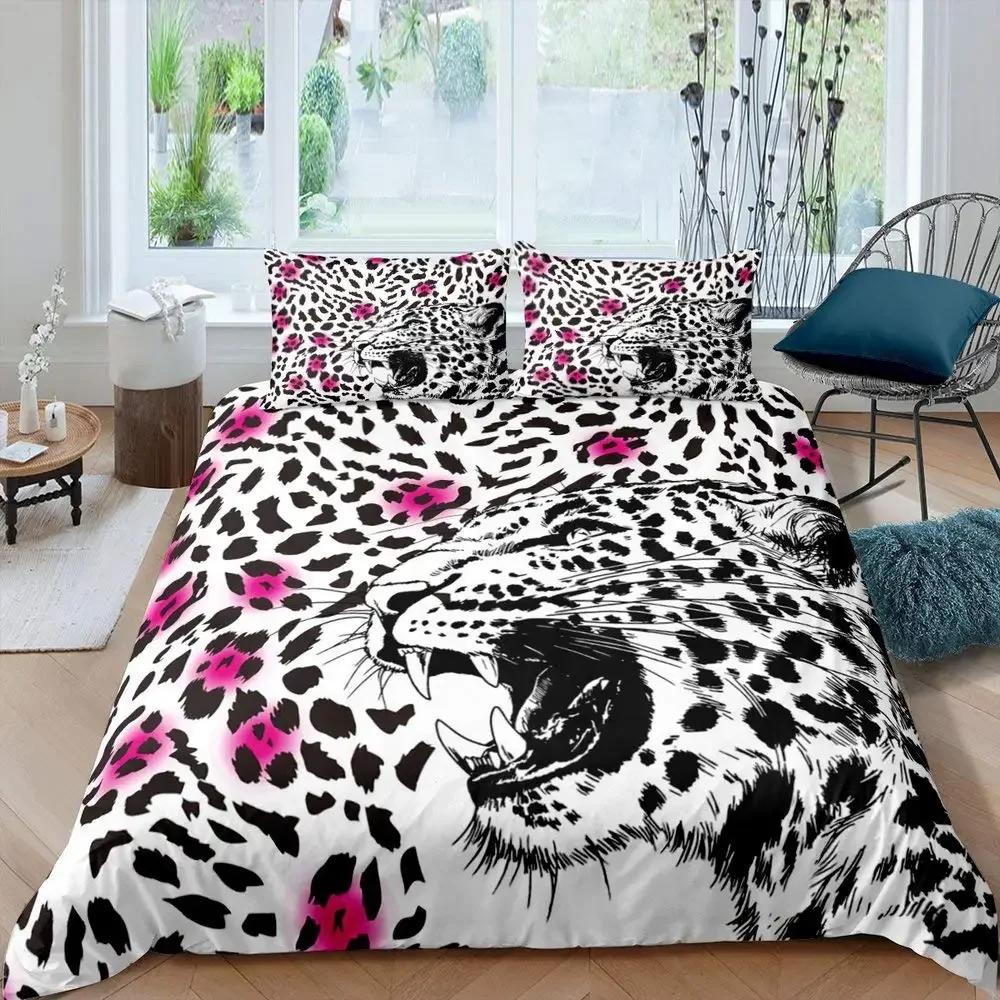 Leopard Comforter Cover King Queen Full Cheetah Bedding Set African Savanna Animal Duvet Cover Rose Flower Polyester Quilt Cover