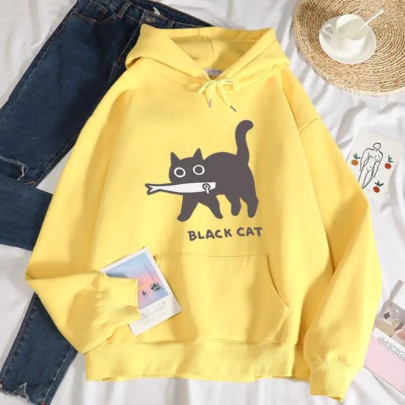 Casual Women's Hoodie Black Cat Eating Fish Printed Sweatshirt Breathable Loose Warm Pullover 2025 Autumn and Winter Streetwear